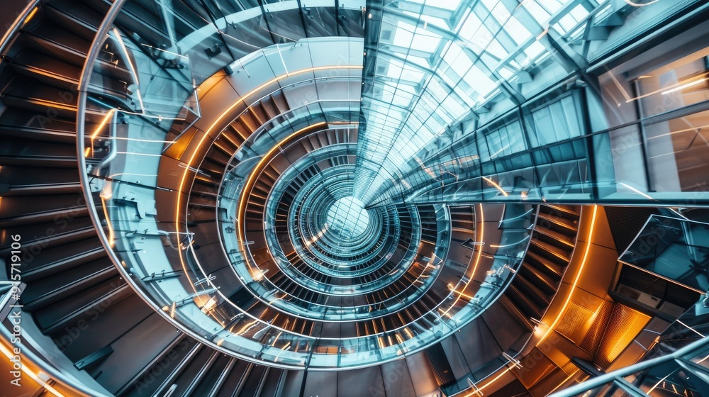 Spiral staircase inside a modern cylindrical building with glass floors Spiral staircase inside a modern cylindrical building with glass floors