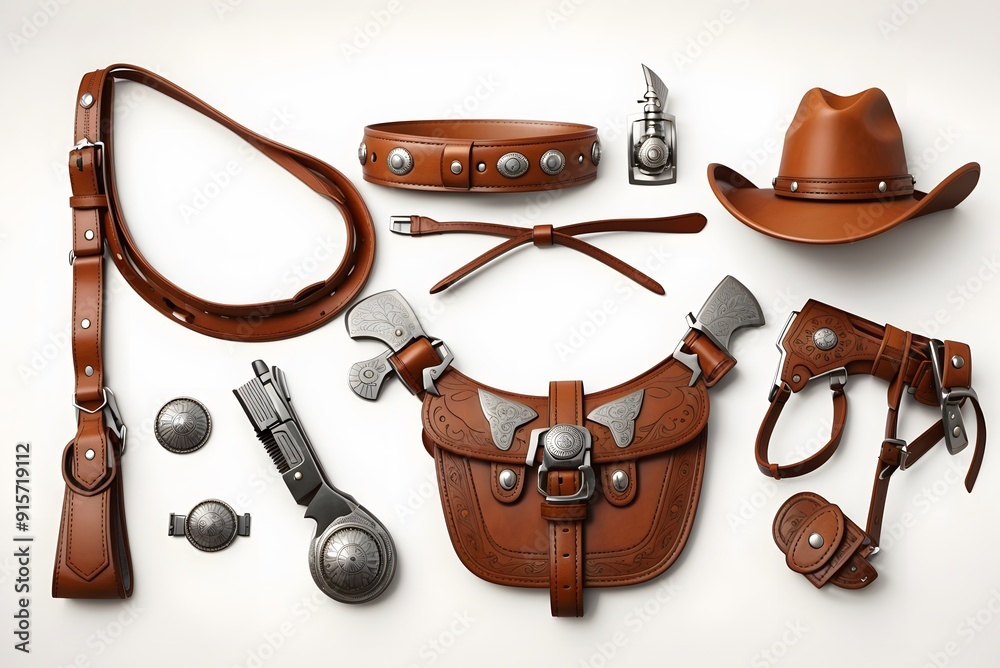 Obraz premium Set of cowboy accessories on white background