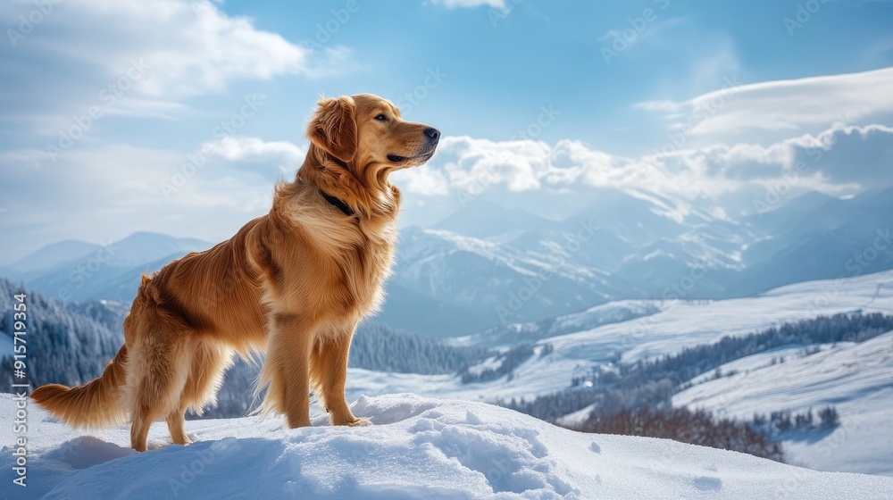 Fototapeta premium Golden Retriever Standing on Snowy Mountain Peak