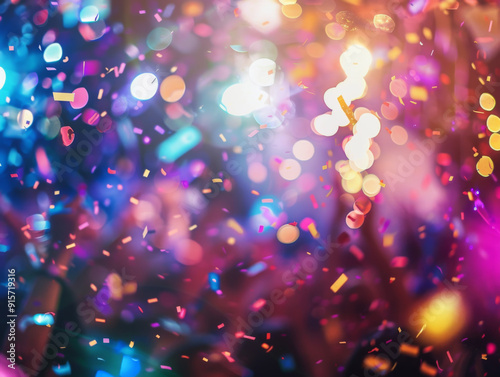 Blurred Crowd Celebrating with Confetti and Lights