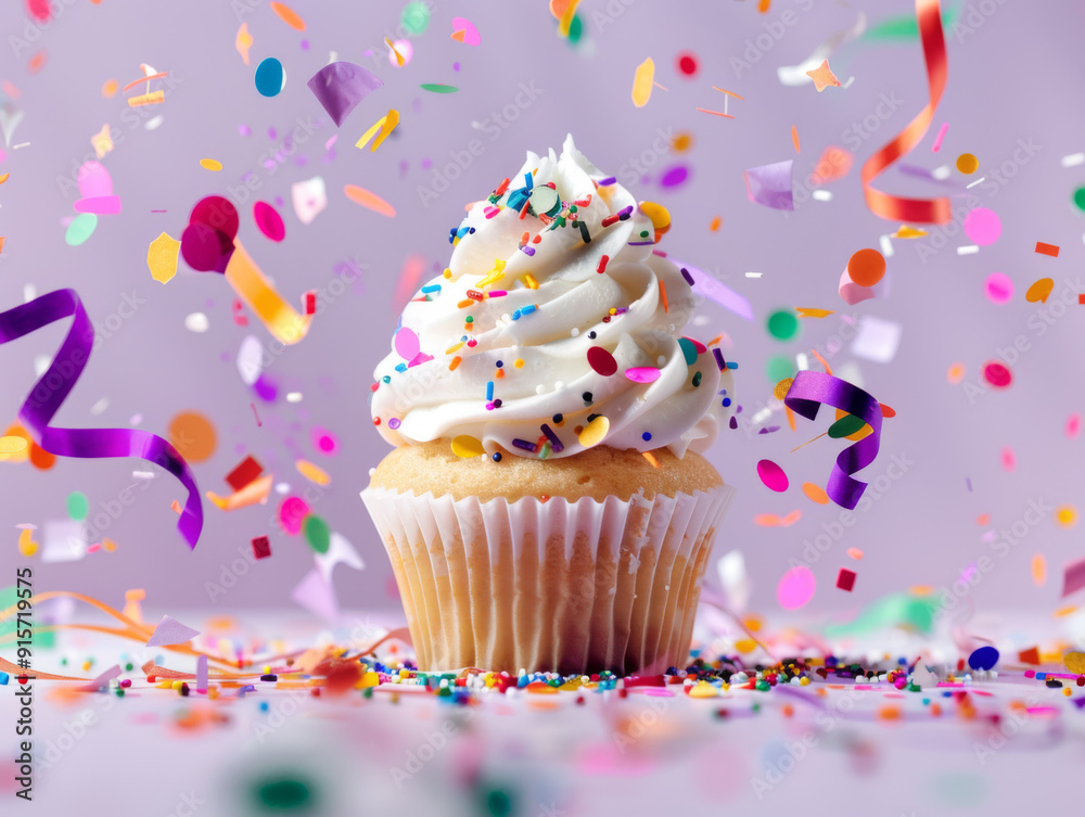 Birthday Cupcake with Confetti and Ribbons Birthday Cupcake with Confetti and Ribbons