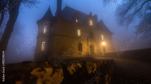 Spooky old gothic castle, foggy night, haunted mansion photo