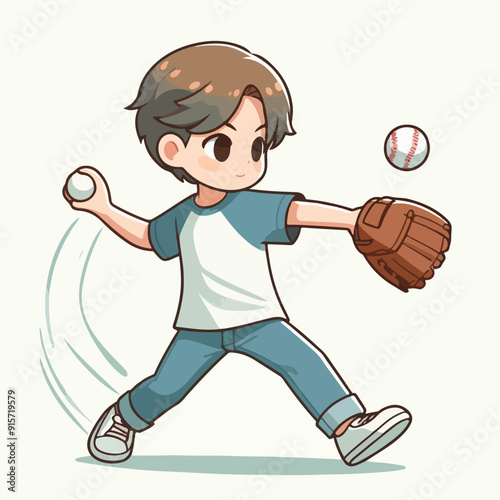 vector of a teenager playing baseball with enthusiasm, chibi style
