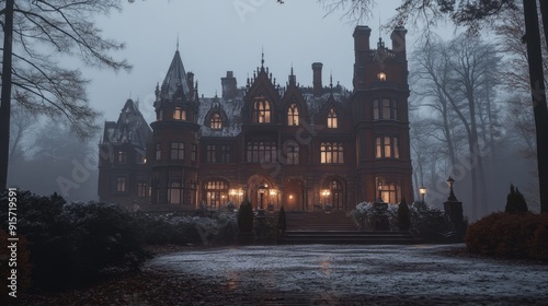 Spooky old gothic castle, foggy night, haunted mansion