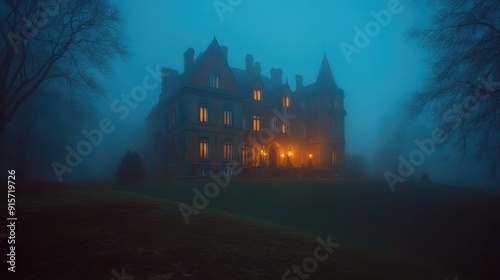 Spooky old gothic castle, foggy night, haunted mansion