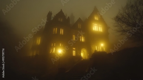 Spooky old gothic castle, foggy night, haunted mansion photo