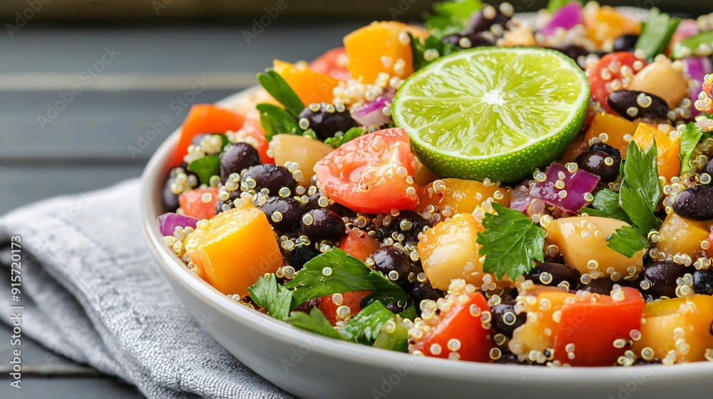 Closeup of a quinoa and black bean salad with lime dressing nutrient rich low calorie dish