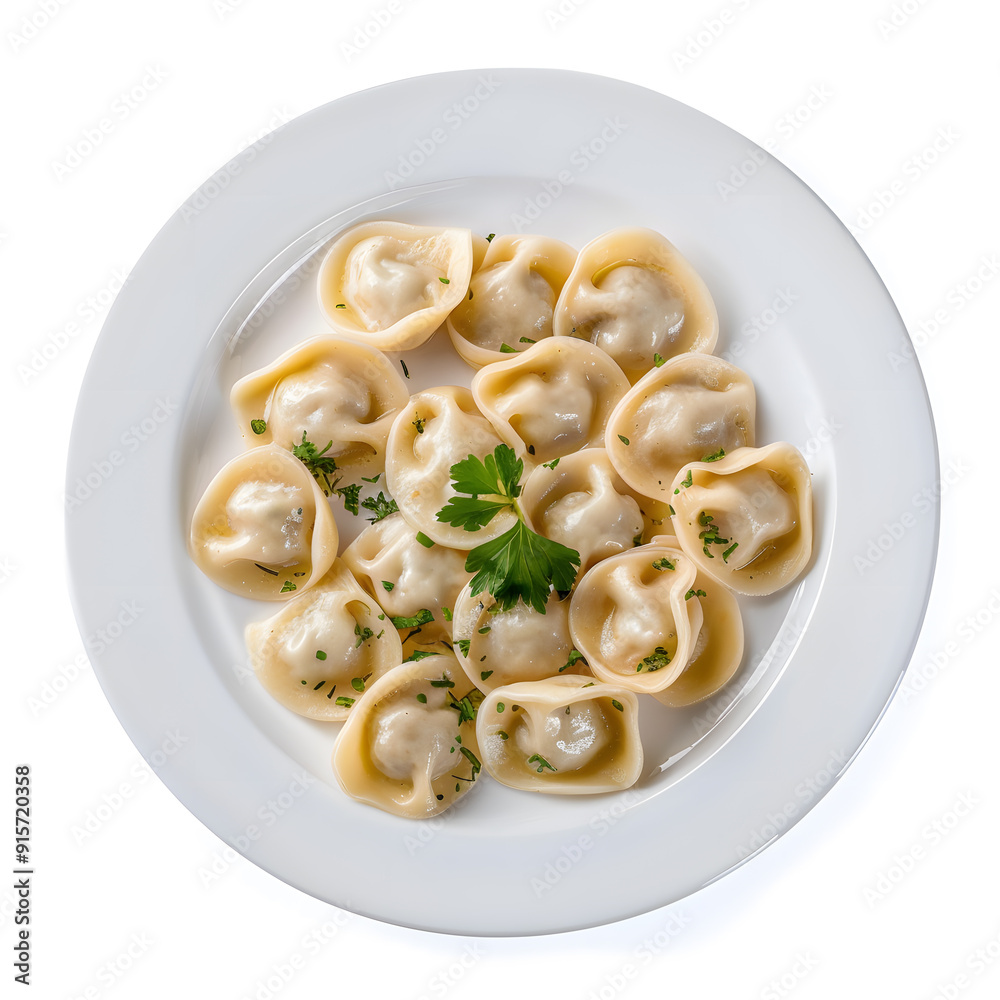 Top view Plate of Russian dumplings pelmeni isolated on white background Top view Plate of Russian dumplings pelmeni isolated on white background