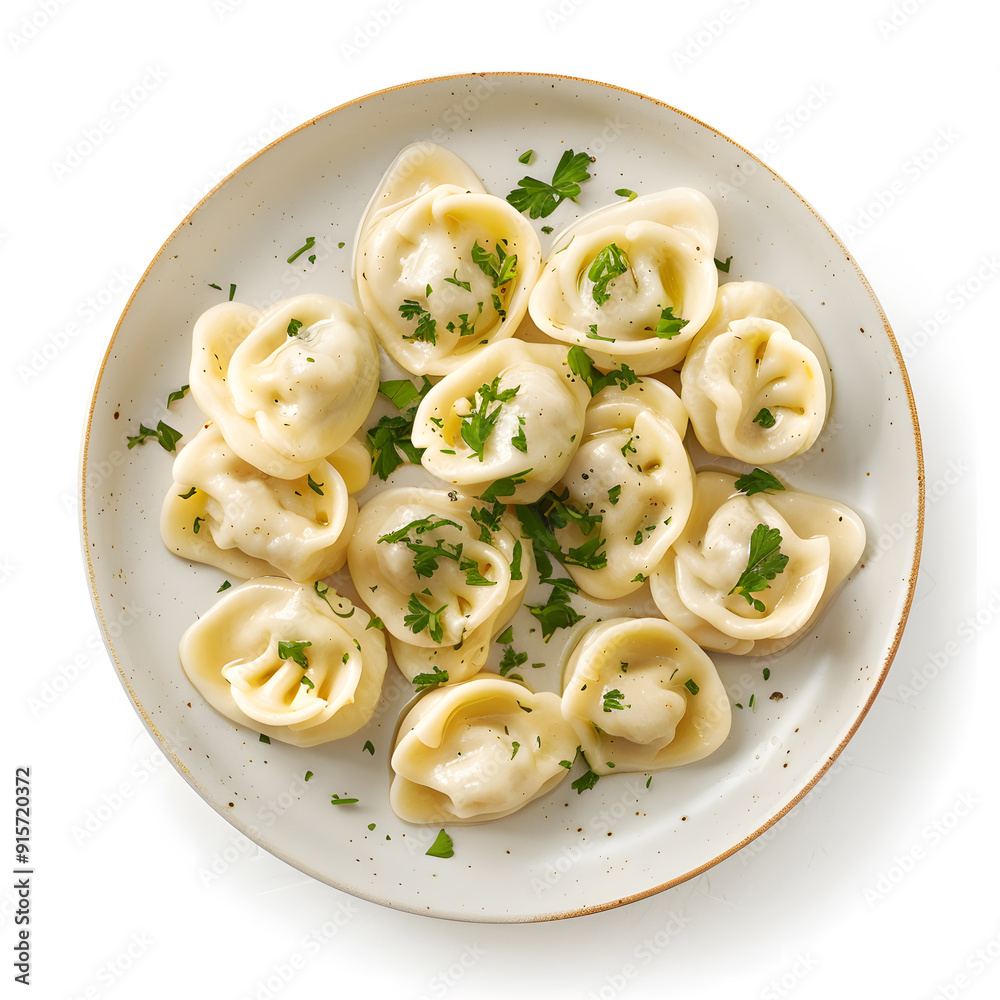 Top view Plate of Russian dumplings pelmeni isolated on white background