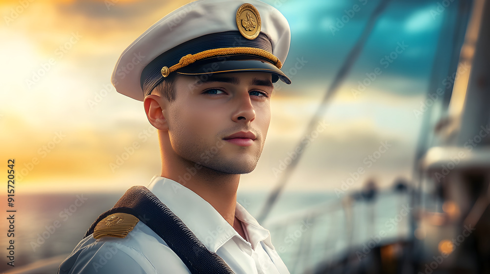 A man in a sailor's hat stands on a ship, sailor A man in a sailor's hat stands on a ship, sailor
