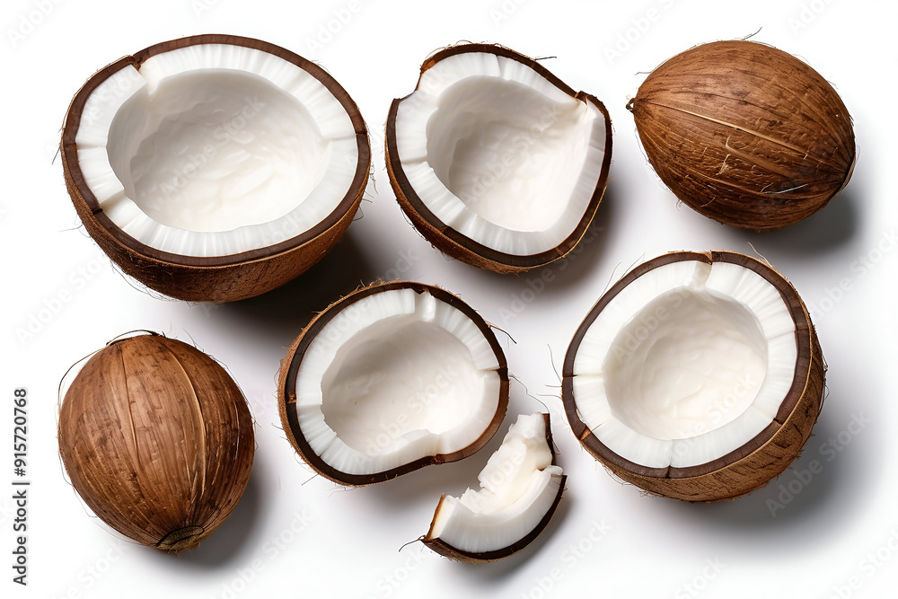 Coconuts with white flesh, green leaves, split coconut halves, Coconut isolated on white background. Ai generative