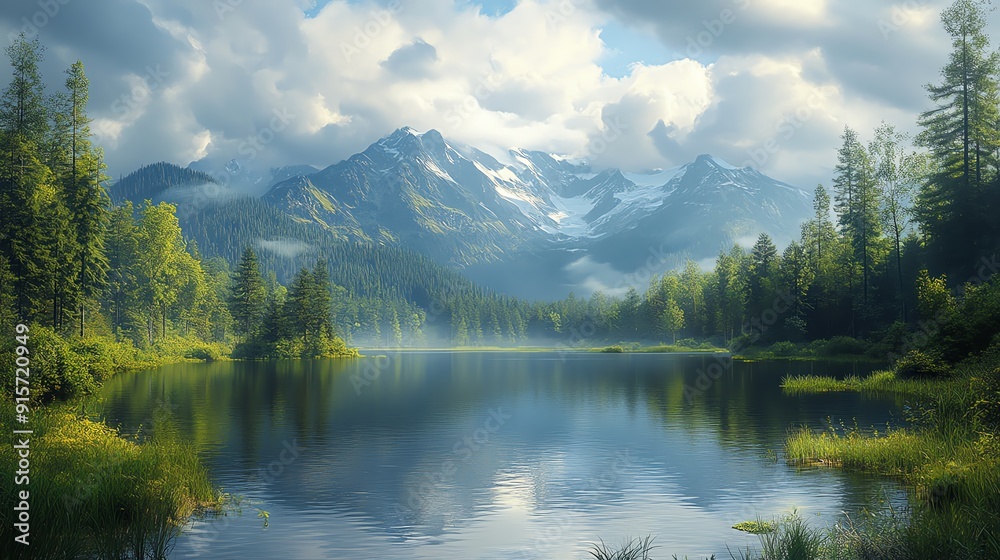 Fototapeta premium Serene mountain lake with misty forests and snow-capped peaks.