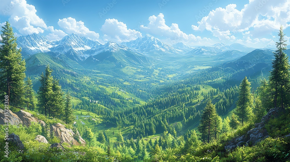 Scenic mountain range with lush green valleys and a clear blue sky. Scenic mountain range with lush green valleys and a clear blue sky.