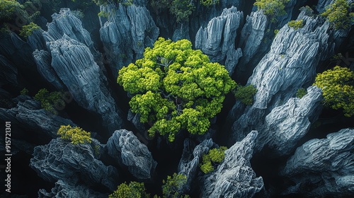 Illustrate the intricate details of Tsingy de Bemarahas unique stone forest from a wide perspective, highlighting the sharp pinnacles contrasting against the lush greenery