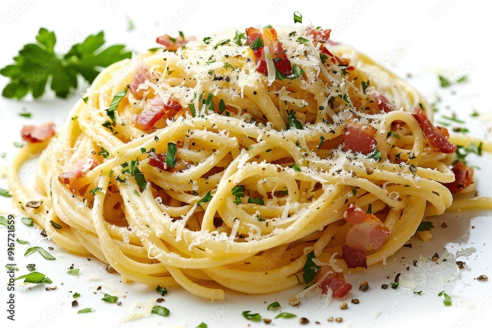 Creamy spaghetti carbonara with bacon and herbs on a white plate Creamy spaghetti carbonara with bacon and herbs on a white plate