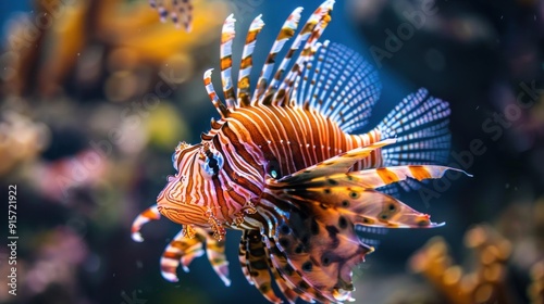 Striped Lionfish Swimming in an Aquarium