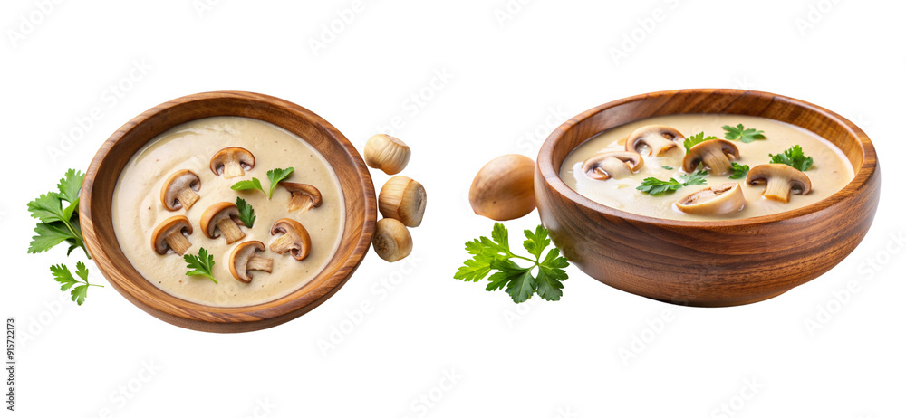 Mushroom cream soup bundle, in a wooden bowl, side and top view, isolated on a white background Mushroom cream soup bundle, in a wooden bowl, side and top view, isolated on a white background