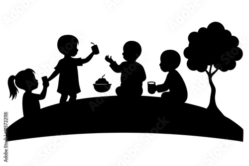 Children Playing at Picnic Silhouette Vector Illustration