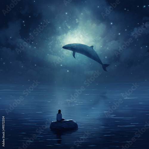 Adrift in solitude gazing at the sky where a dreamlike whale swims among the stars alone, yet surrounded by the infinite universe.