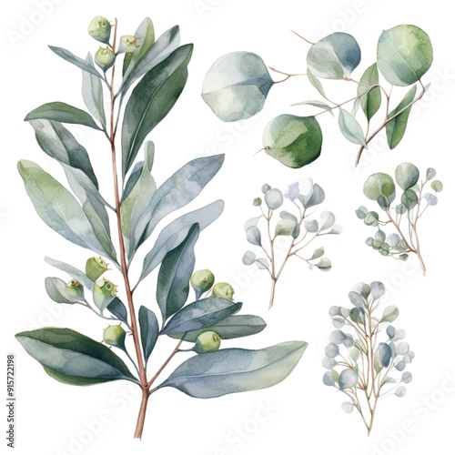 Watercolor illustration of green eucalyptus branches and leaves.