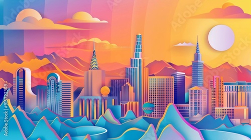 Panoramic view of the Los Angel city skyline
 with world famous landmarks in paper cut style vector illustration
