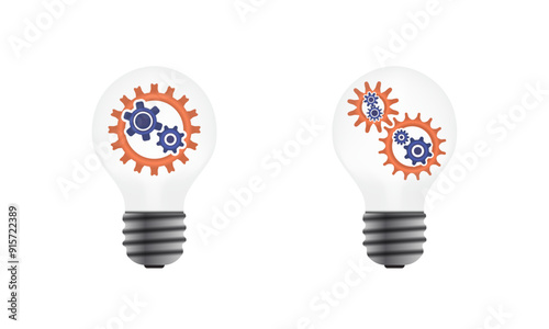 3d lightbulb set with gears vector graphic. Orange, blue color business concept cog to use for idea, strategy, ideas, inspiration, growing, success projects. 