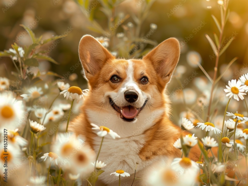 A Smiling Corgi Surrounded by Daisies in a Field A Smiling Corgi Surrounded by Daisies in a Field