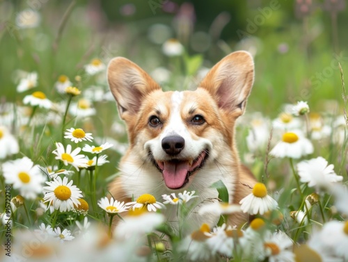 A Smiling Corgi Dog Surrounded by Daisies in a Field