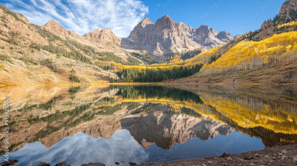 Fototapeta premium Tranquil lake reflecting towering mountains