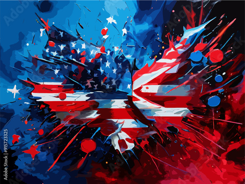 Abstract Oil Painting Depicting US Elections Stars and Stripes Explosive Red and Blue Country Outline EPS