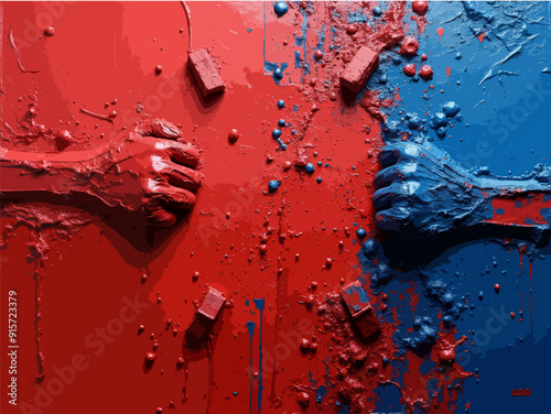 Abstract Oil Painting Depicting US Elections Red and Blue Hands Tearing Country Apart EPS