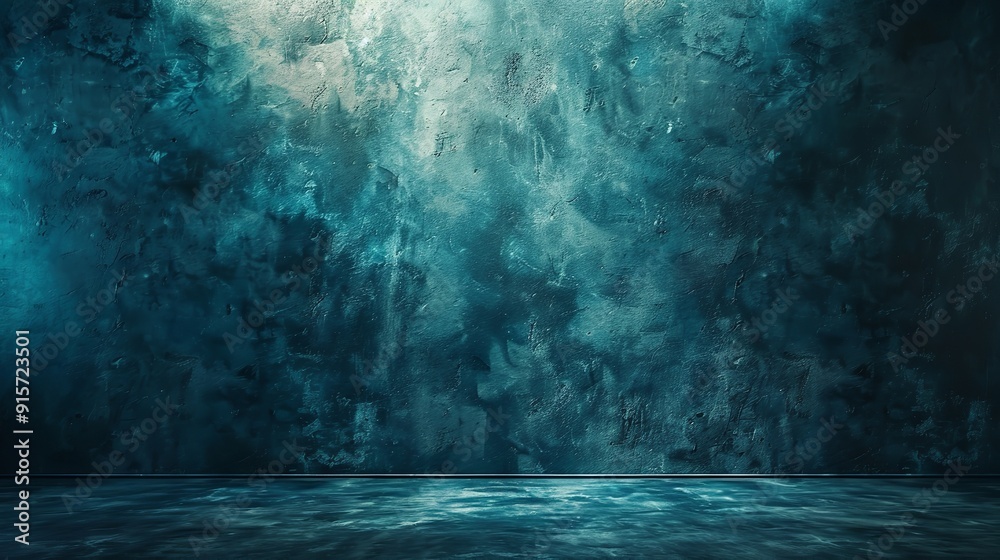 Blue dark concrete walls and floors against an abstract background, the interior of the room with spotlights Blue dark concrete walls and floors against an abstract background, the interior of the room with spotlights