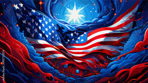 Dramatic Abstract Oil Painting Depicting US Elections Stars and Stripes Flag with Rising Sun Over Red and Blue Clouds EPS