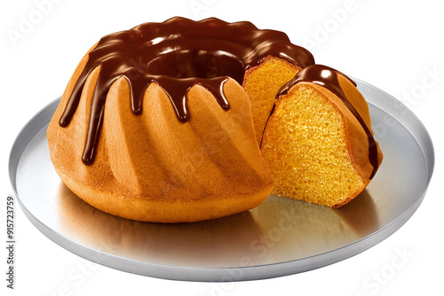 Bolo de cenoura com cobertura de chocolate ao leite derretido sobre assadeira de alumínio isolado em fundo transparente photo