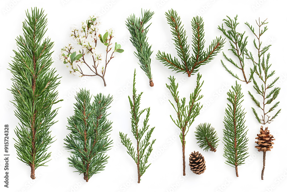Branch of pine, fir tree collection isolated on white collection Branch of pine, fir tree collection isolated on white collection