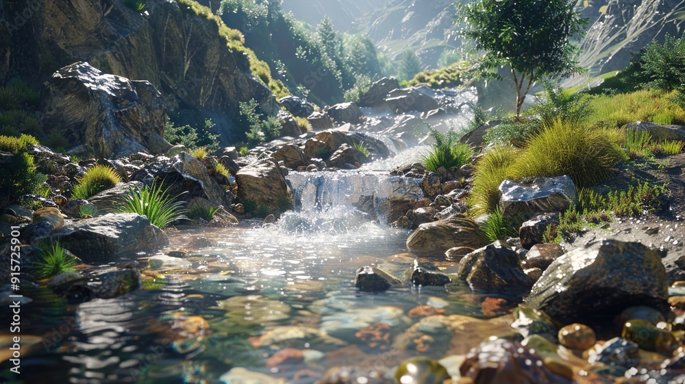 Fototapeta premium A crystal-clear mountain stream flowing through a rocky landscape.