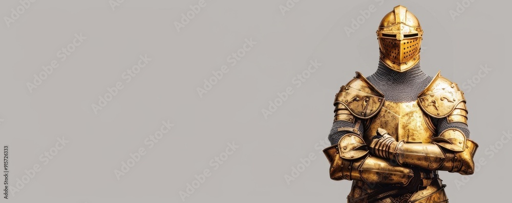 Illustration A knight in gold armor standing triumphantly Illustration A knight in gold armor standing triumphantly