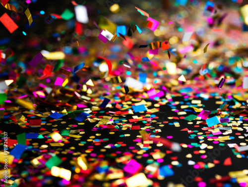 Colorful Confetti Falling on a Black Surface