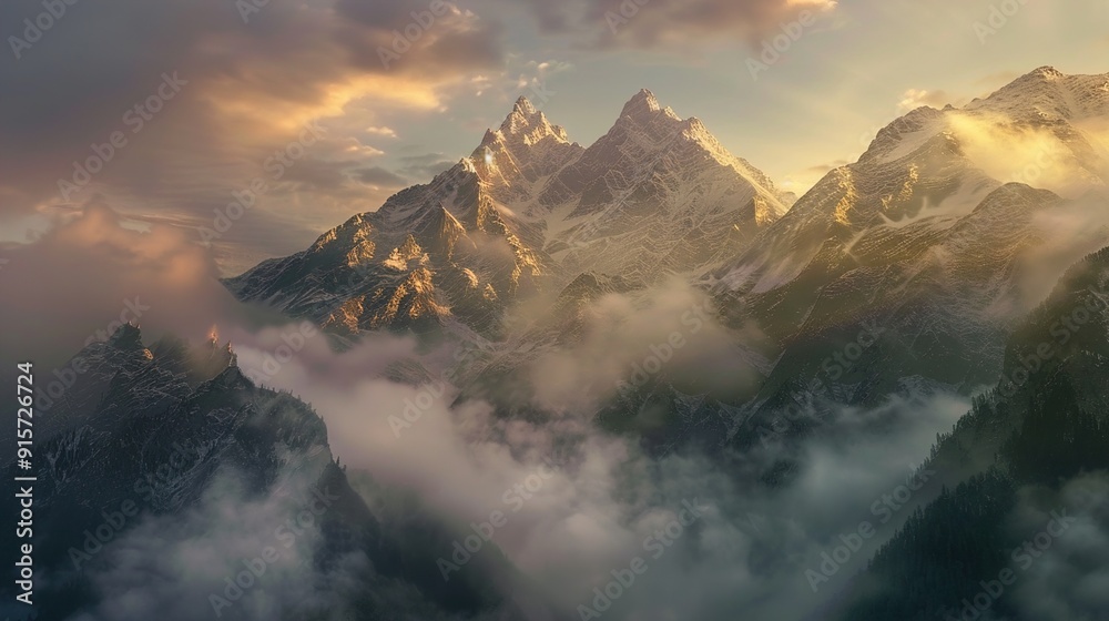 A dense fog rolling over the peaks of a mountain range at dawn. A dense fog rolling over the peaks of a mountain range at dawn.