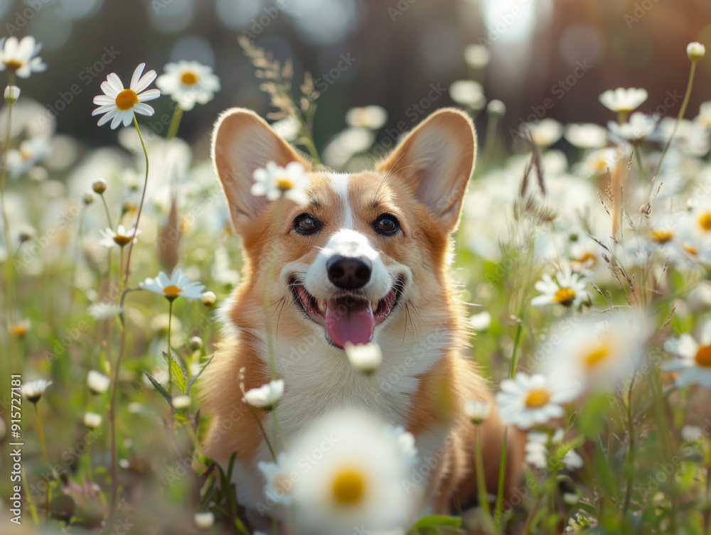 A Smiling Corgi Dog Surrounded by Daisies in a Meadow A Smiling Corgi Dog Surrounded by Daisies in a Meadow