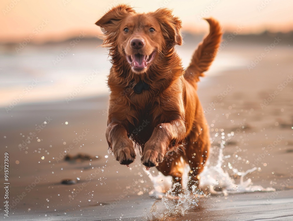 Golden Retriever Running on a Beach at Sunset Golden Retriever Running on a Beach at Sunset