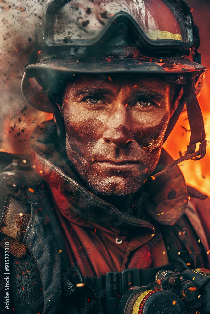 A firefighter stands resolutely amidst swirling flames and smoke, displaying courage and focus in a hazardous environment. A firefighter stands resolutely amidst swirling flames and smoke, displaying courage and focus in a hazardous environment.