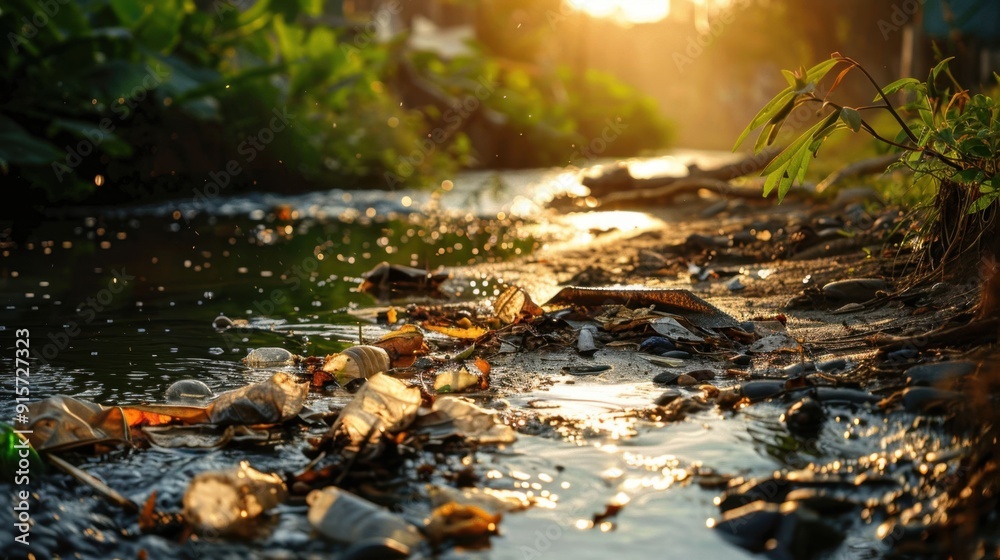 Fototapeta premium A river with trash floating in it