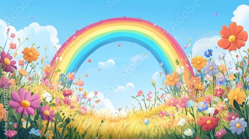 A colorful rainbow arching over a vibrant field of wildflowers on a sunny day
