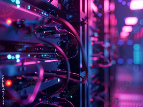 Close-up of Server Racks with Wires and Neon Lights photo