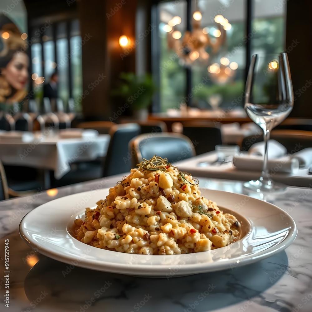 Gourmet Truffle Risotto on a Marble Table in a Fine Dining Restaurant Gourmet Truffle Risotto on a Marble Table in a Fine Dining Restaurant