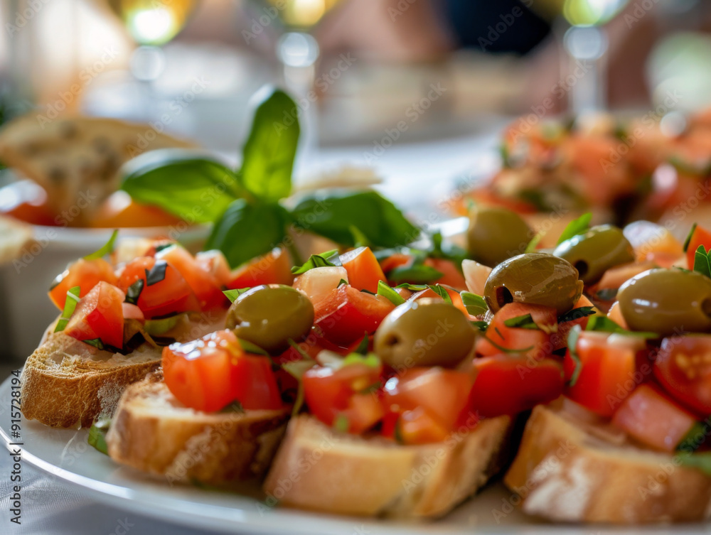 Close-up of Bruschetta Topped with Tomatoes, Olives, and Basil Close-up of Bruschetta Topped with Tomatoes, Olives, and Basil