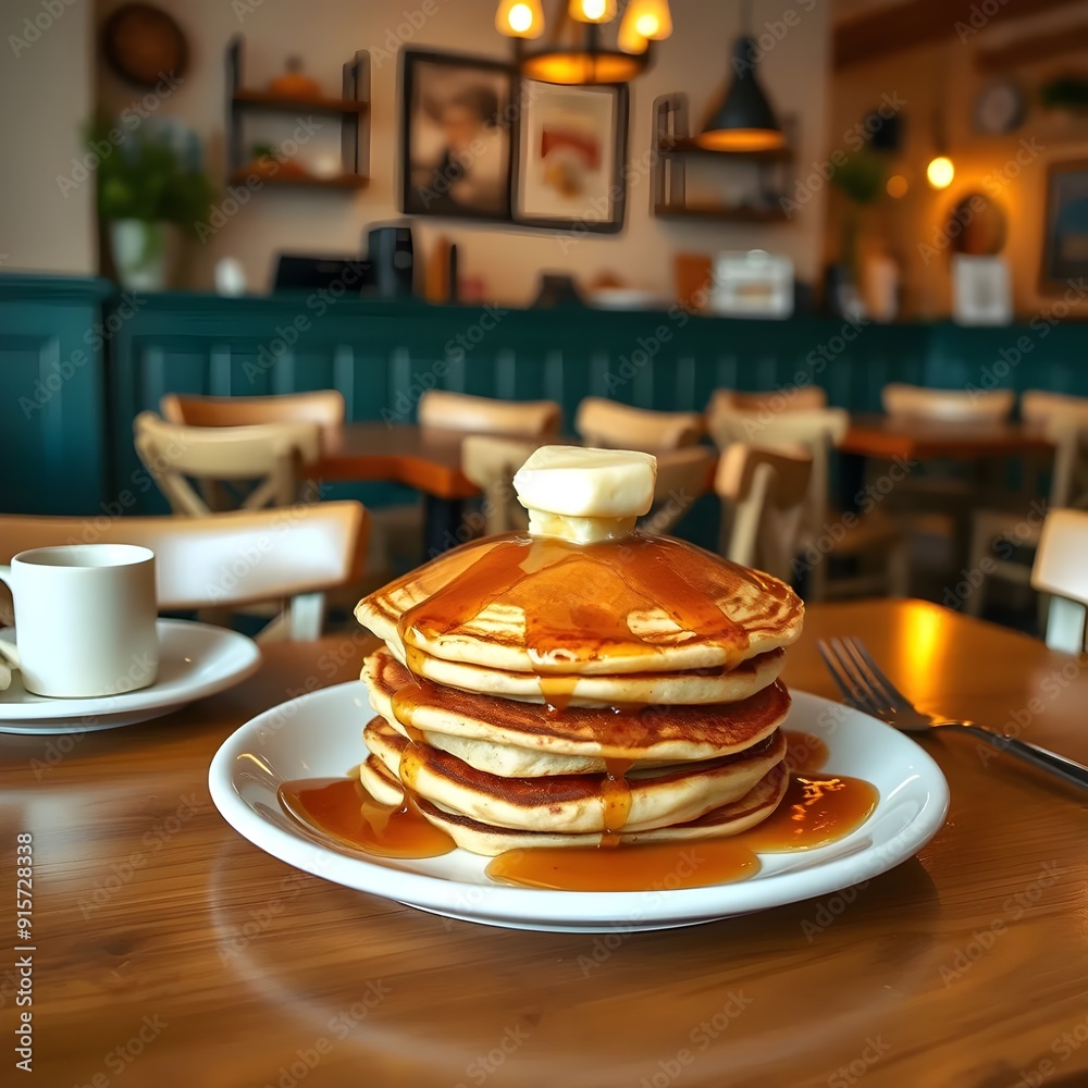 Classic Pancake Stack on a Wooden Table in a Cozy Brunch Café Classic Pancake Stack on a Wooden Table in a Cozy Brunch Café