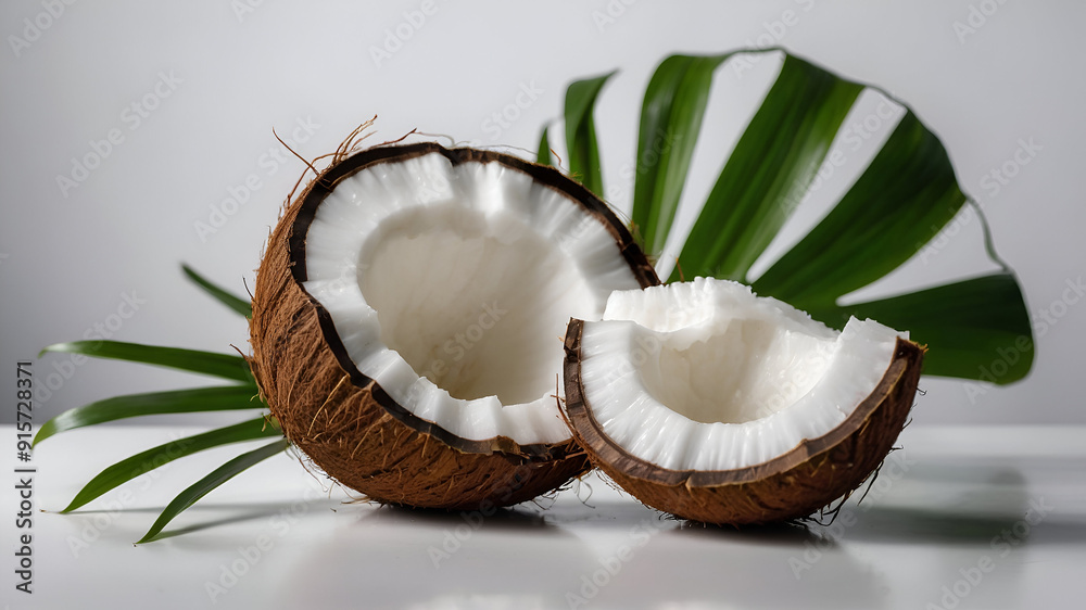 Coconuts with white flesh, green leaves, split coconut halves, Coconut isolated on white background. Ai generative Coconuts with white flesh, green leaves, split coconut halves, Coconut isolated on white background. Ai generative