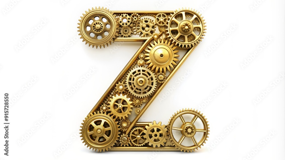 Obraz premium Intricate, ornate, golden gears and cogs form a stylized, Victorian-era-inspired letter Z, set against a crisp, clean white background in a detailed 3D illustration.
